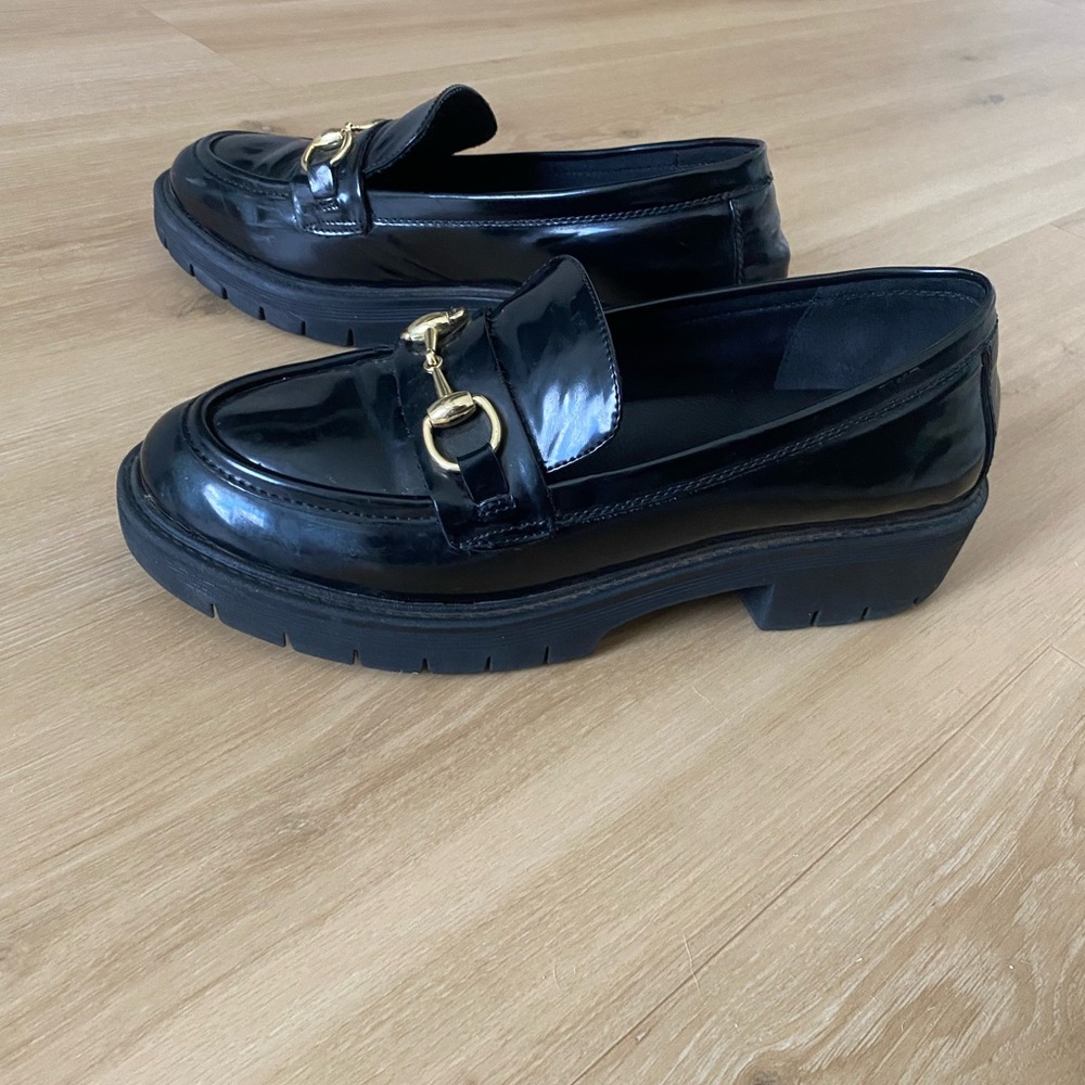 MIA Black Patent Loafers with Gold Accent